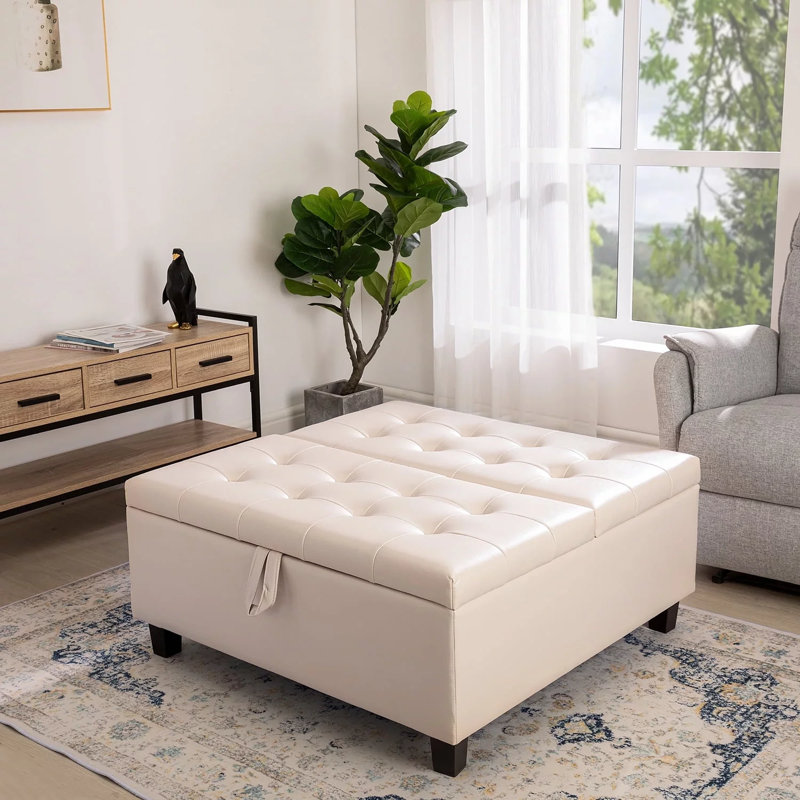Ciara 35.43" Wide Button Tufted Square Storage Ottoman Upholstered Lift Top Large Ottoman Coffee Table, Cream Faux Leather