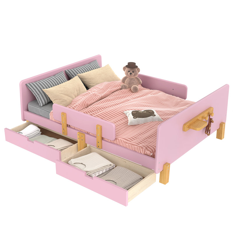 Full Size Platform Bed with Storage Drawers, Solid Wood Beds Frame with Bed Guardrail, Small Shelf, and Hooks, No Box Spring Needed, Pink