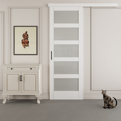 Porte de grange coulissante à 5 carreaux en verre trempé dépoli blanc apprêté, 80 po H, avec quincaillerie, poignées noires et fermeture amortie (aucun assemblage requis)