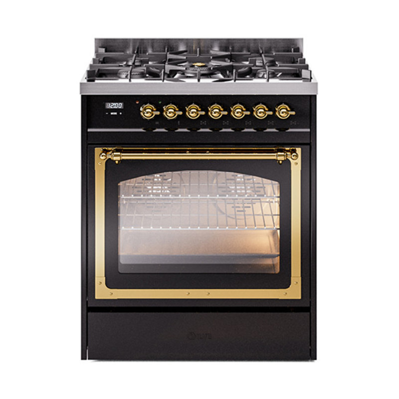ILVE Nostalgie II Noblesse 30 in Dual Fuel Range, Natural Gas, Glossy Black/Brass