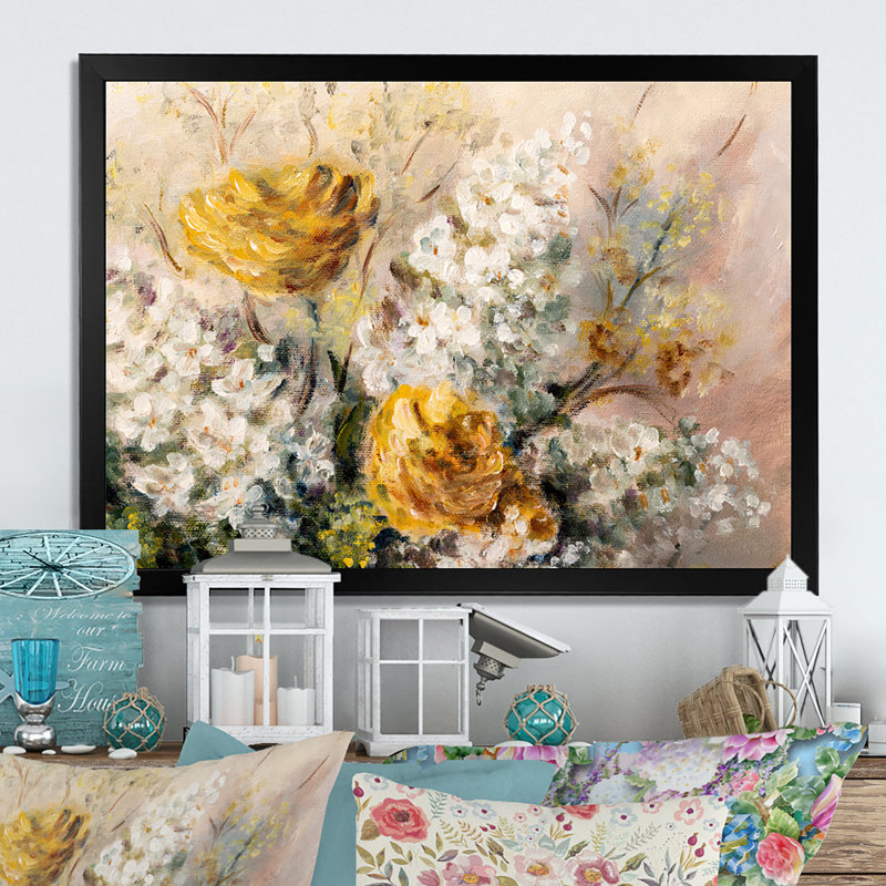 Nature morte aux fleurs jaunes et blanches II - reproduction sur toile, H 8 po x l 12 po x P 1 po, Cadre noir
