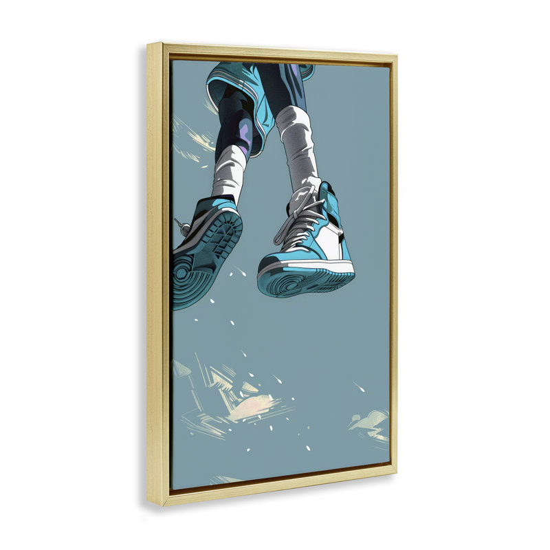 Cadre flottant Sporty Jump avec espadrilles, design par Ray Powers, H 31 po x l 21 po, Cadre flottant métallique doré
