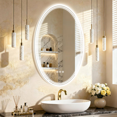 UL Certified Bright Oval Frontlit & Backlit LED Bathroom Vanity Mirror With 3-Year Warranty, Dimmable, Anti-Fog, 3 Color Adjustment, Tempered Glass