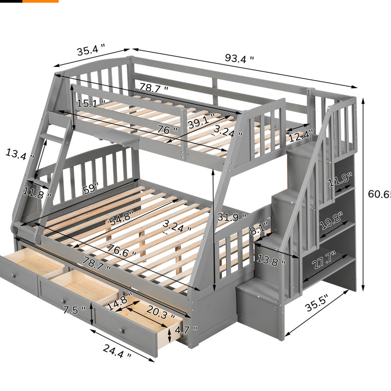 Lit superposé simple gris avec tiroirs. Et matériau en bois de pin. Solution spatiale. Choix de conception polyvalents. Barrière de sécurité sécuritaire. Matelas non inclus dans les tiroirs et la boîte. Fabrication en bois massif durable.