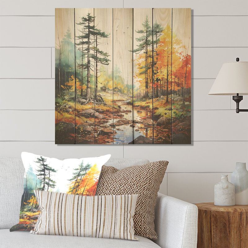 Jaune et orange, rivière d'automne, tranquillité I - rivière sur bois, H 30 po x l 30 po