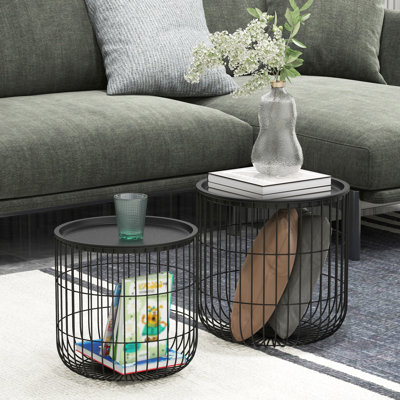 2 Coffee Tables, Round With Steel Basket Urn, Removable Tops, Stacking End Tables For Living Room Lure, Black Nesting Of 2, Wire Basket, Space Saver & Multi-Purpose
