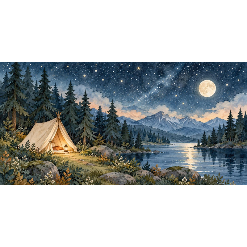 Starry Tent Wallpaper Mural, Peel and Stick Kids Room Wall Mural, Watercolor Camping Nursery Wallpaper, 152 x 102 cm