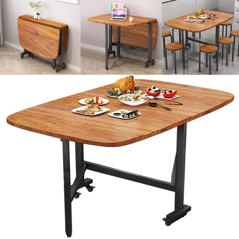 Multifunction Table Drop Leaf Dining Table - 47" Wooden Foldable Kitchen Table With 6 Wheels (Brown)