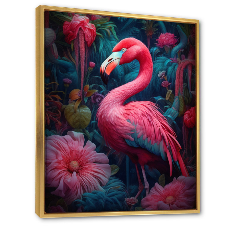 «Tropical Flamingo Grace III - Flamingo», reproduction d'art sur toile, Cadre flottant doré, H 40 po x l 30 po x P 1,5 po