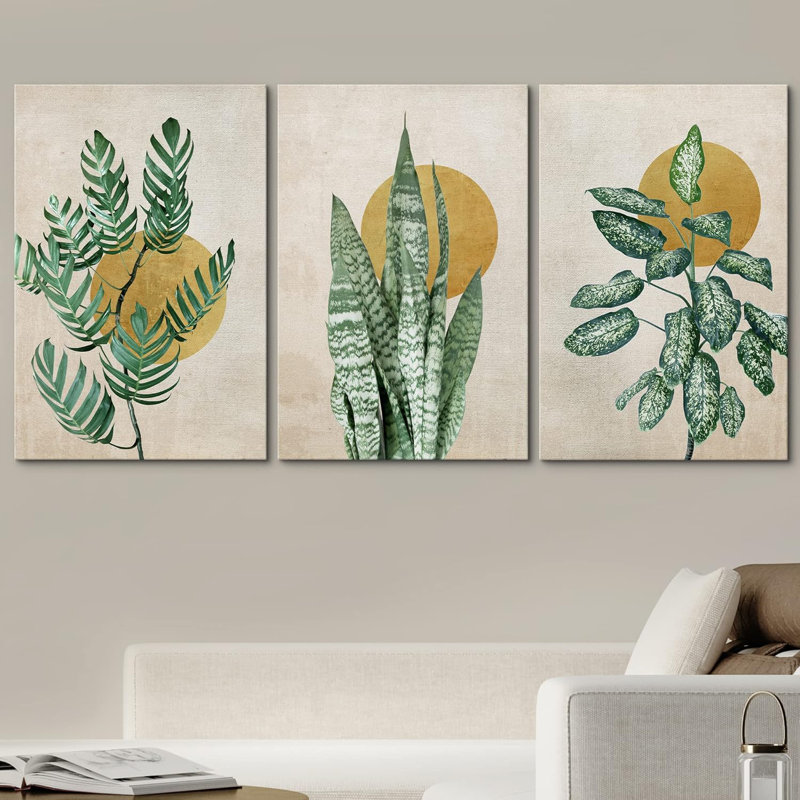 «Minimal Botanical Mid-Century Minimal Tropical Plants Nature Wilderness on Canvas», reproduction de 3 pièces, Toile tendue