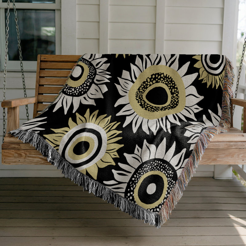 Jeté en coton Frannie Sunflowers, Noir, 60 x 60