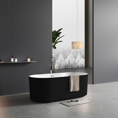 67" Acrylic Freestanding Bathtub Black Exterior White Interior, Striped Design with Overflow Cover, Pop-Up Drain & Hidden Drainage