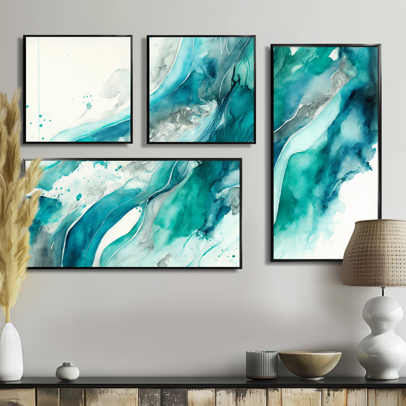 Turquoise Waves In Paradise I - Décoration murale moderne verte 4 pièces, Noir, Impression encadrée sans passe-partout
