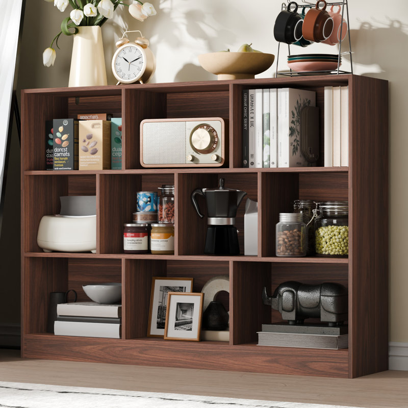 Presly 3  Tier Cube Bookcase Modern Bookshelf with 10 Cubes, Brown, (10 Shelves) 33.07"H x 43.31"W x 11.61"D