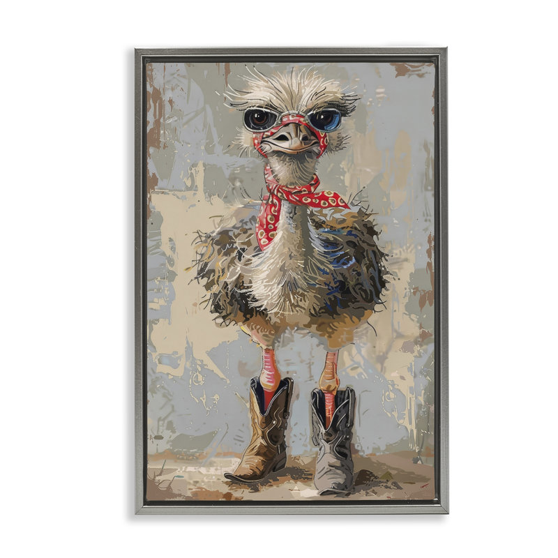 Toile flottante autruche et bottes de cowboy encadrée par Petals Prints Design, H 25 po x l 17 po, Cadre flottant gris lustré