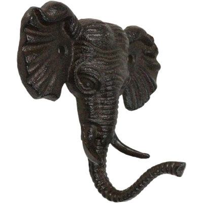 Pack Of 2 Rustic Cast Iron Safari Elephant Trunk Up Wall Hook Hanger Sculpture