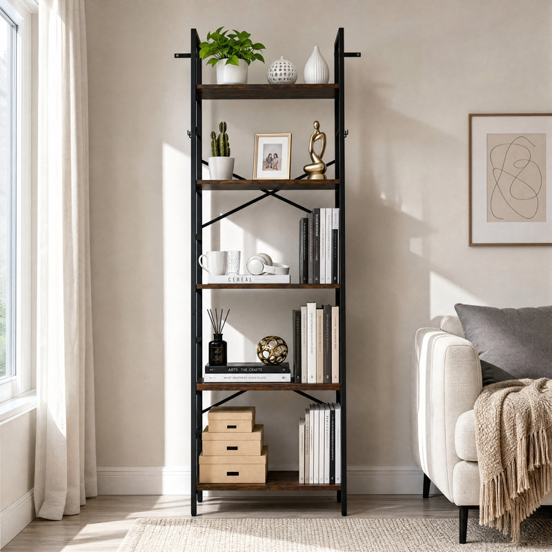 5-Tier Bookshelf, 5 Tier Industrial Bookcase, Standing Bookshelves, Tall Display Rack with Steel Frame for Living Room, Bedroom, 11.8 x 16.1 x 61 Inches, Rustic Brown