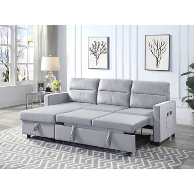 Ruby 81.5" Light Gray Velvet Reversible Sleeper Sectional Sofa With Storage Chaise And Side Pocket
