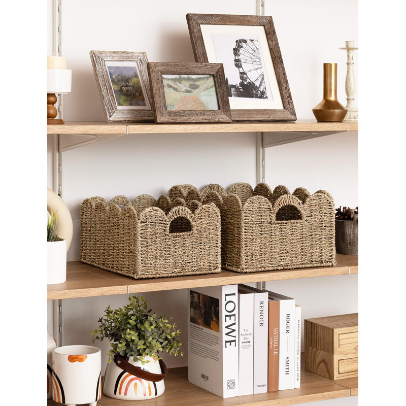 Handwoven Seagrass Scalloped Wicker Baskets With Handles For Storage And Decor, Set Of 2