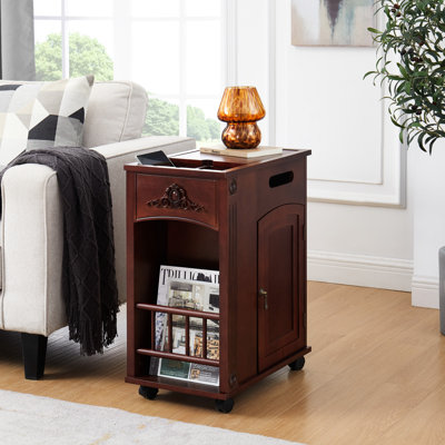 Stable And Practical Bedside Table - Narrow Side With Charging, Red Walnut Ports Storage Traditional End For Living Room Bedroom