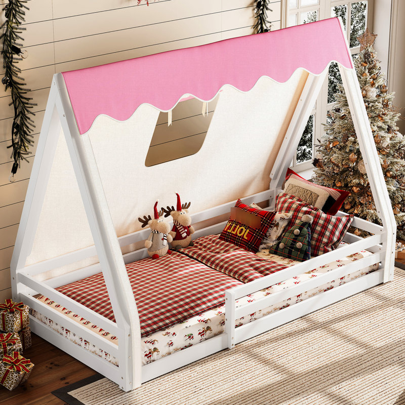 Lit simple - Lit inspiré avec tipi blanc + rose, tente et garde-corps pleine longueur, plancher en bois de qualité, tente en bois massif, garde-corps pour un sommeil sécuritaire