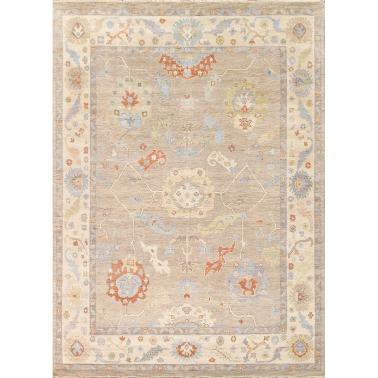 Oushak Hand Knotted Wool Floral Area Rug in Beige/Ivory