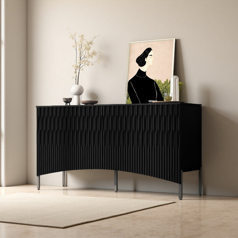 Buffet élégant avec portes inférieures incurvées et rainures arquées, Noir