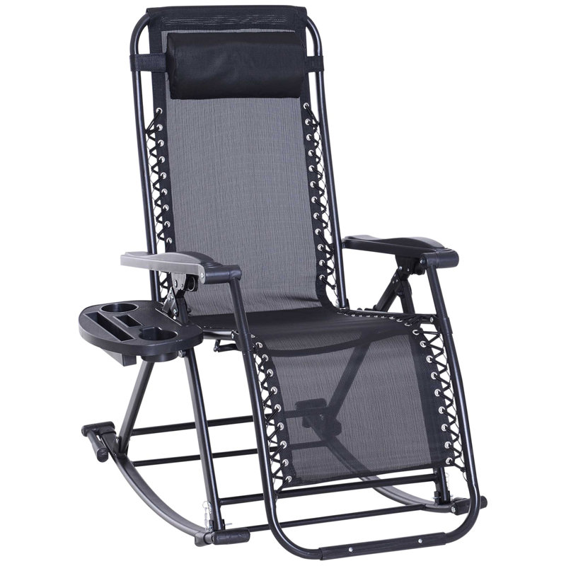 Outdoor Rocking Chairs, Foldable Reclining Anti Gravity Lounge Rocker W/ Pillow, Cup & Phone Holder, Combo Design W/ Folding Legs