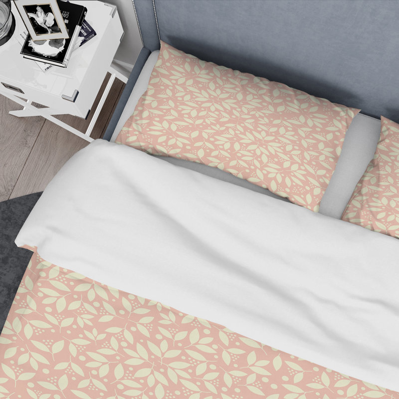 Retro Art Deco - Mid century bedding set - Modern Mid-century Bed cover set, Twin Duvet Cover + 1 Sham, Pink Leaves Floral