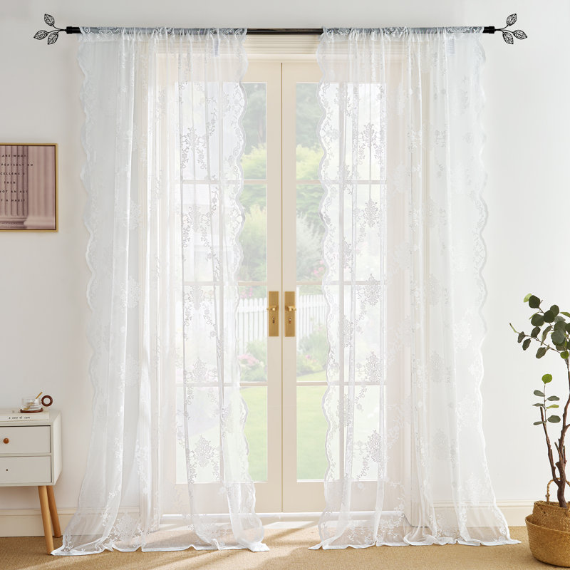  Short Sheer Lace Curtains, Vintage Floral Semi Sheer Privacy Curtains for Kitchen Living Room Bedroom Light Filtering Drapes, Rod Pocket, 2 Panels