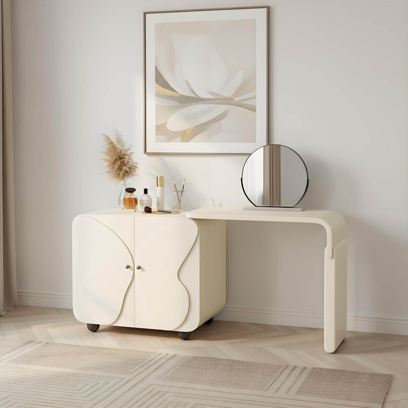 Ensemble de coiffeuse à maquillage extensible crème avec miroir et fauteuil en acrylique