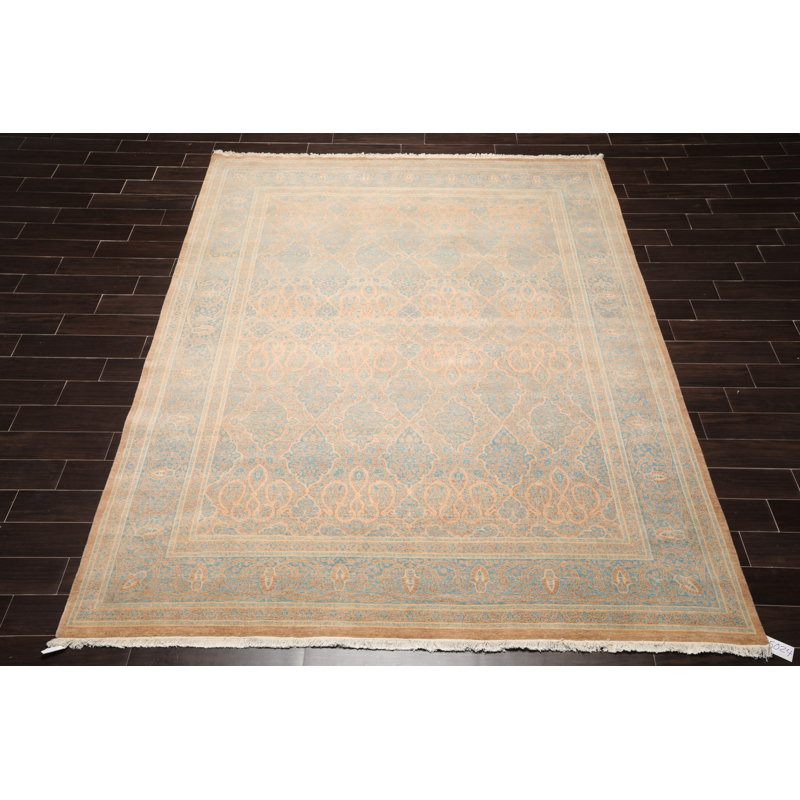 Tapis décoratif en laine noué à la main de conception unique 8 pi 1 po x 10 pi Fadile bleu/brun/beige