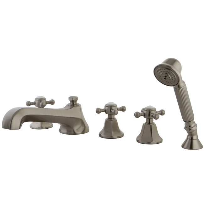Metropolitan Triple Handle Deck Mounted Roman Tub Faucet Trim with Handshower, Brushed Nickel