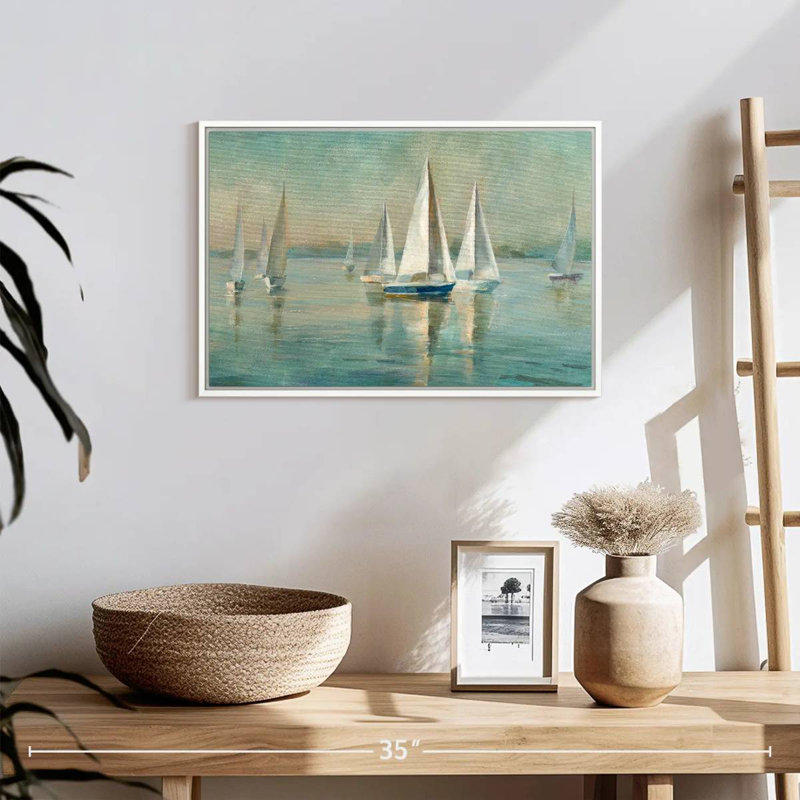 Voiliers au lever du soleil, 19 po x 13 po, Cadre flottant blanc