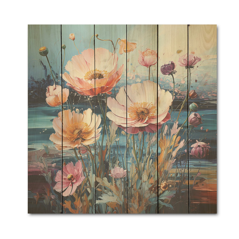 Art liquide multicolore sur fond de fleurs - champ de fleurs, art mural sur bois de pin naturel, H 15 po x l 15 po