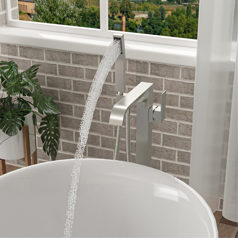 Robinet de baignoire fixé au sol en nickel brossé, double réglage de la température, technologie Splash, nickel facile à installer avec rotation du bec à 360 °, noyau rouille, douche à main incluse