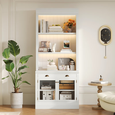 Bibliothèque blanche moderne rectangulaire avec lumières à DEL, 2 portes en verre, 1 tiroir et une tablette réglable pour la maison décorant un éclairage de 83,4 po de hauteur, 3 tablettes ouvertes, design
