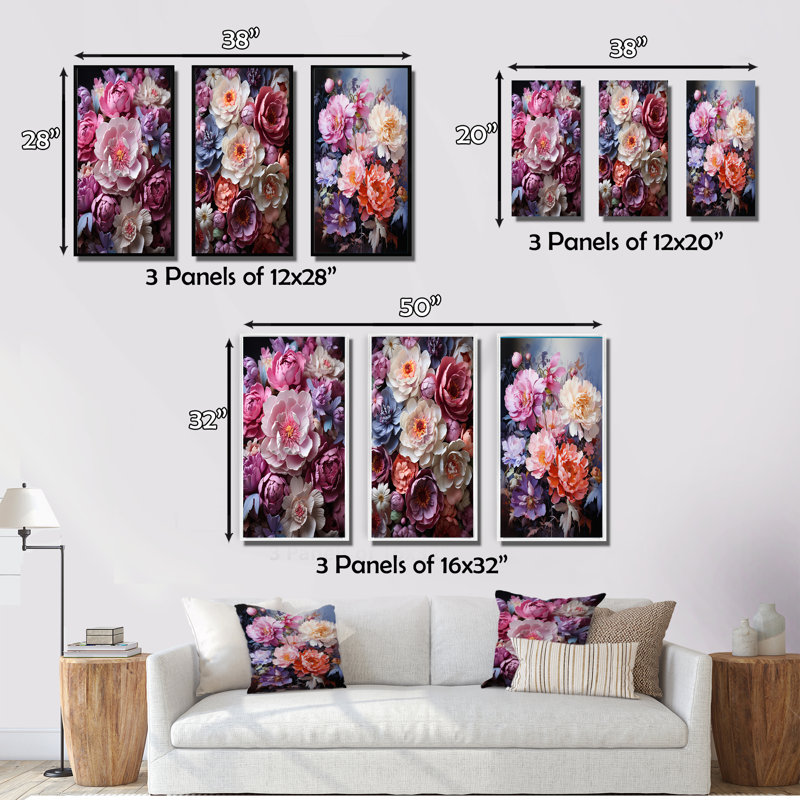 «Asian Art Peonyes in Pink», 3 pièces sur toile, Encadré naturel, H 32 po x l 48 po