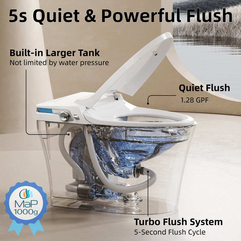 Los Flexi Y2 Smart Toilet with Bidet and ADA Chair Height, Quite Flush, Elongated Bowl, Built-in Tank, 1000g MaP 4-Second Pump Flush, Foam Shield, Auto Open/Close Lid, Heated Seat, Warm Water Wash & Dryer, Remotes, 1.28 GPF, 12-in Rough-In