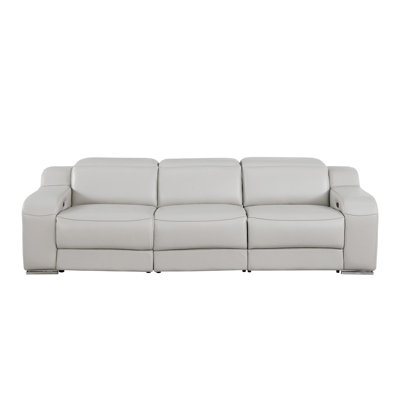 Gracie Mills Verona Sofa 103" Light Gray Italian Leather Reclining USB Sofa