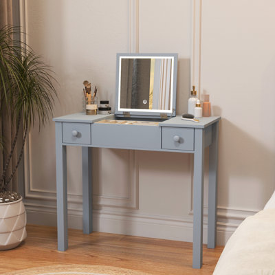 Multifunctional Vanity Desk With 3-Level Adjustable Lighting With Flip-Top Mirror & Storage 15.75" Deep Makeup Table 2 Drawers & 3 Removable Organizer Boxes Compact Home Office Desk Gray