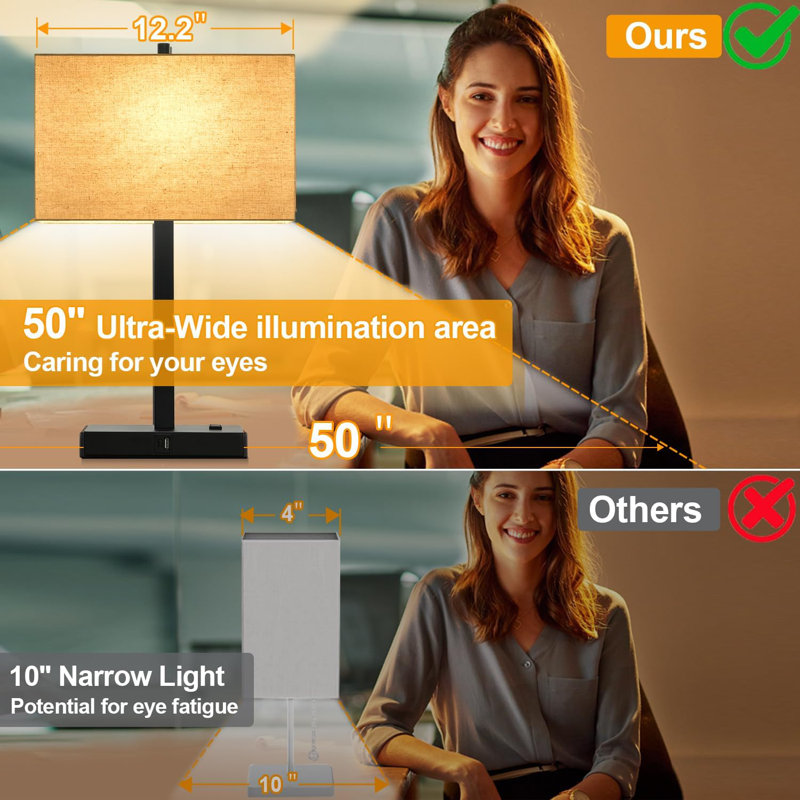 Set Of 2 Bedside Touch Control Table Lamp With USB A+C Charging Ports & AC Outlet, 3-Way Dimmable Nightstand Lamp With Fabric Shade For Bedroom Living Room, 2700K LED Bulbs Included