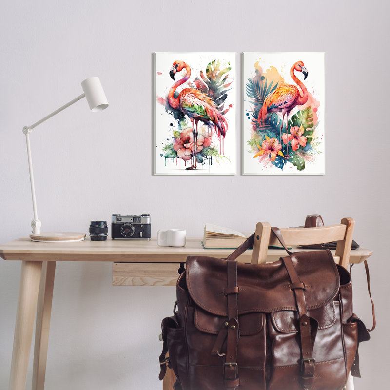 Modern Tropical Flamingos Wall Art Set in Multicolor MDF Wood
