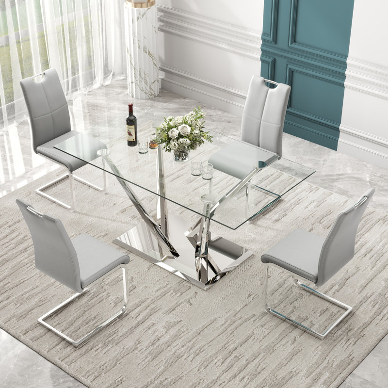 Rectangle Tempered Glass Pedestal Dining Set, 5, Gray, Silver