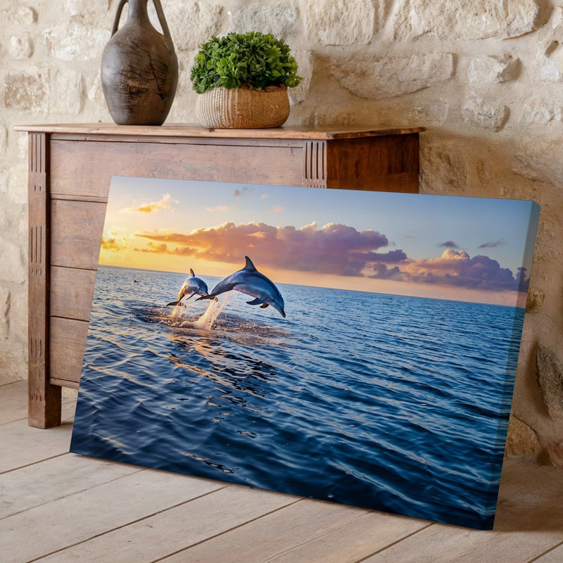 Toile, "Une scène sereine de l'océan au coucher du soleil", "Deux dauphins gracieusement", art mural, H 11 po x l 14 po