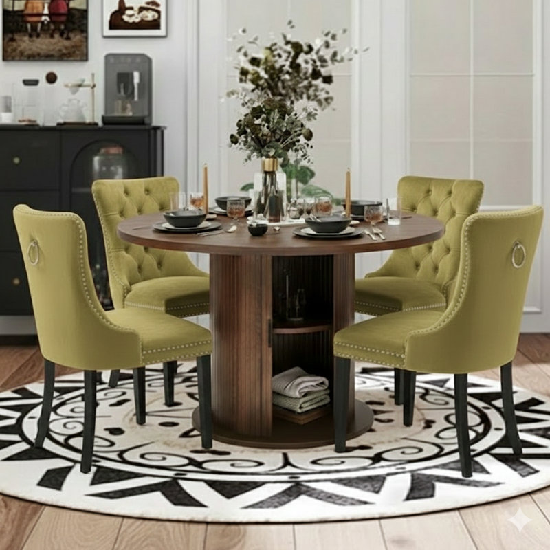 5 Pieces Round Dining Table Sets For 4-6 People, Olive Green/Black