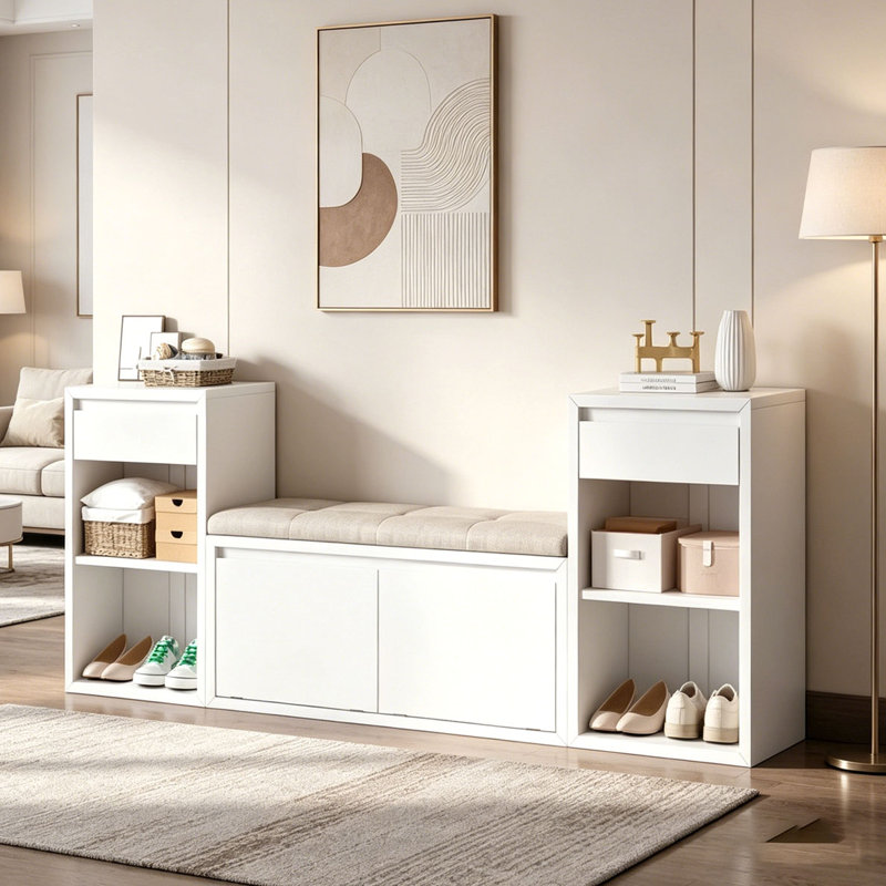 All-in-One Entryway Storage Bench with Cushion, Compartments, Drawers & Open Shelves, Storage Bench, White