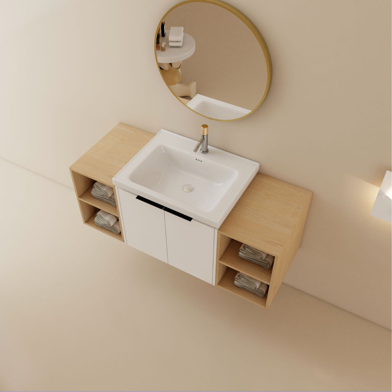Meuble-lavabo à fermeture en douceur 48 po avec lavabo et deux petites tablettes de rangement