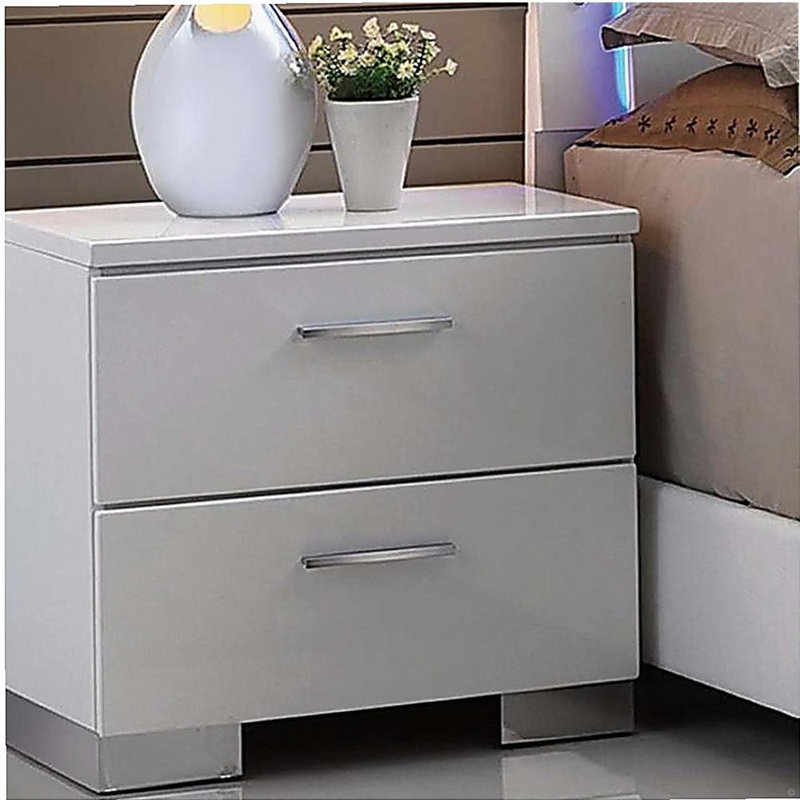 2 Drawers Nightstand with Chrome Legs, White