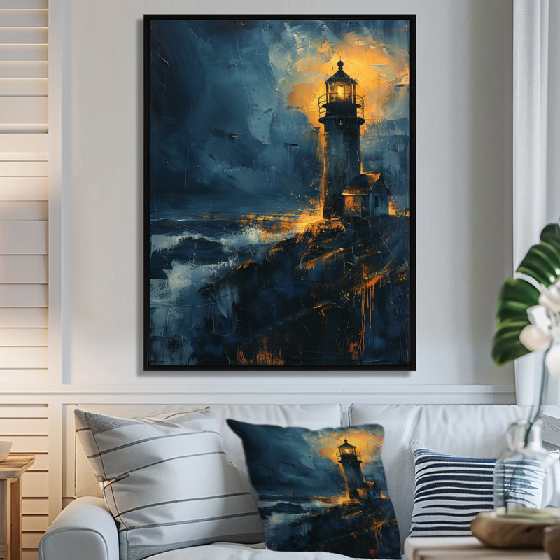 Décoration murale phare noir et bleu clair d'hiver, Cadre flottant noir, H 30 po x l 40 po